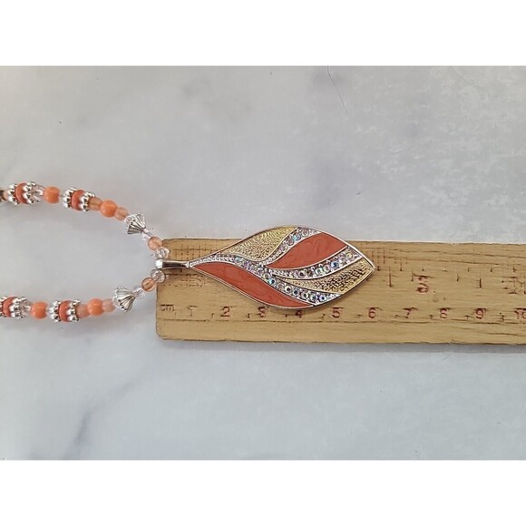 Salmon Enamel Rhinestone Beaded Leaf Pendant Adjustable Necklace - Picture 8 of 10